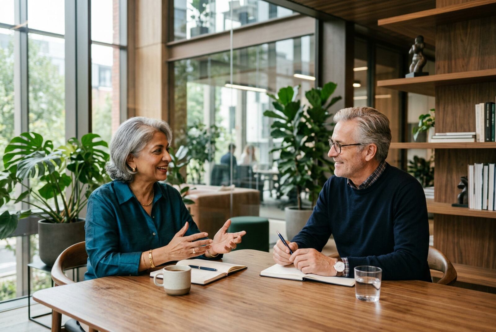 Two senior international professionals in discussion