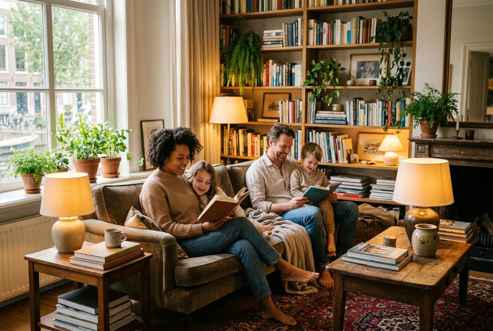 Family settled into their new Dutch living room