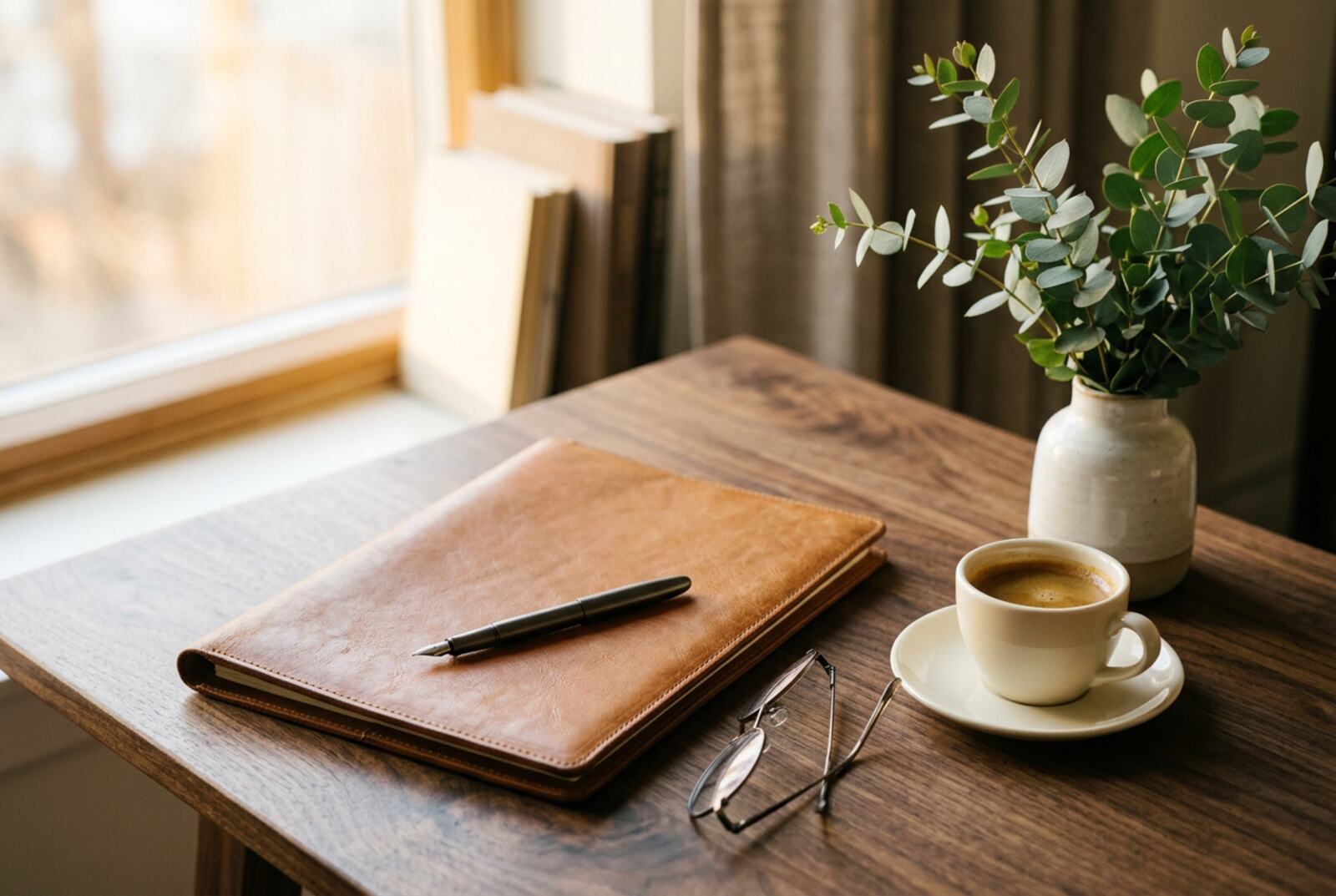 Leather folio and fountain pen on a desk