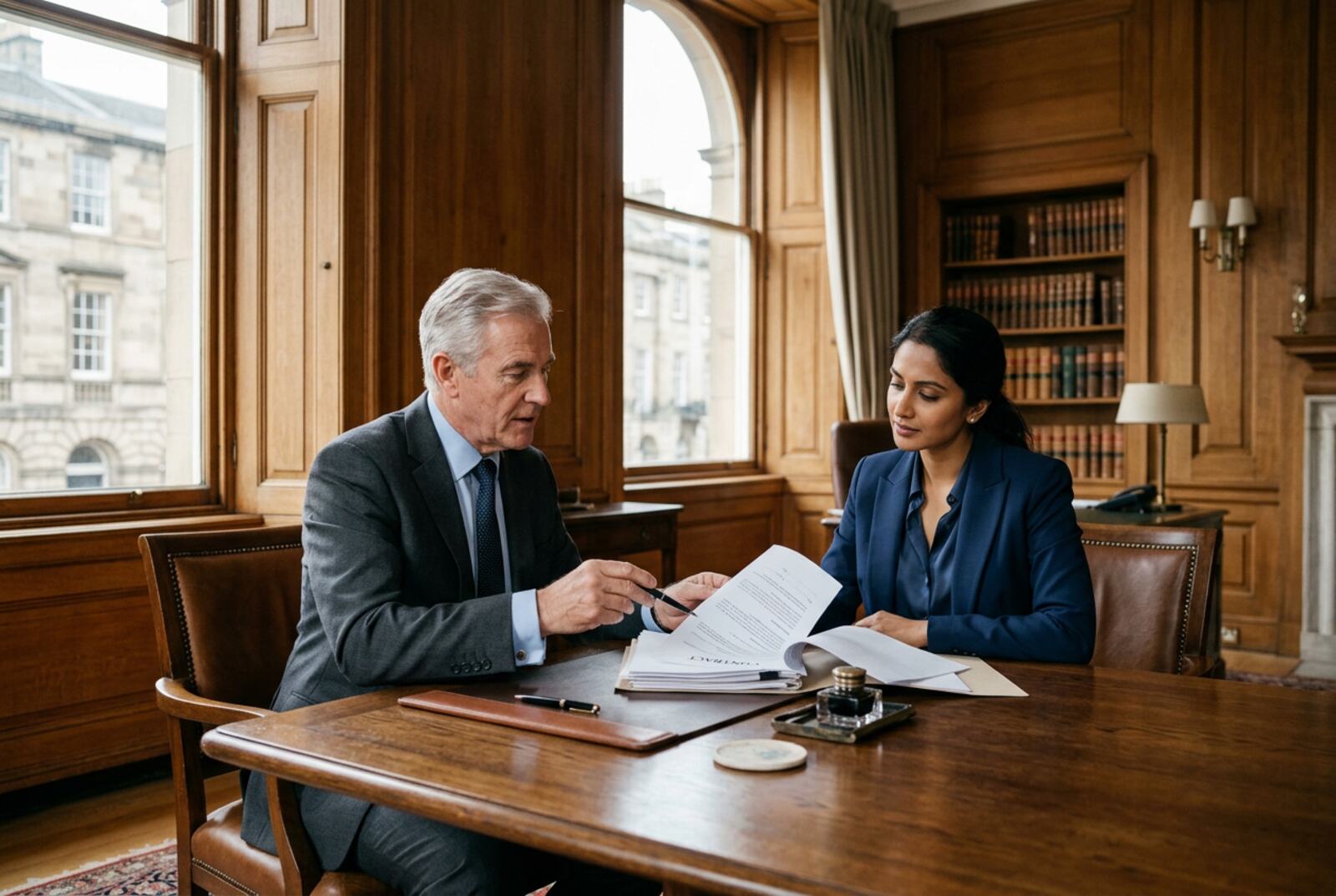 Entrepreneur and advisor reviewing company papers