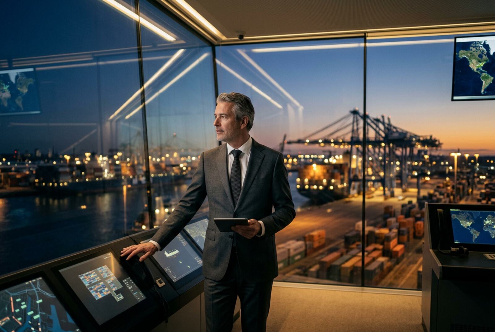 Logistics director overlooking the Rotterdam port terminal