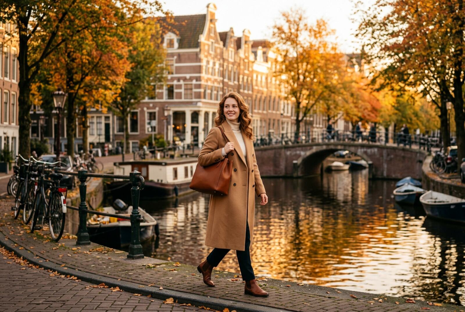 Graduate walking along an Amsterdam canal in autumn
