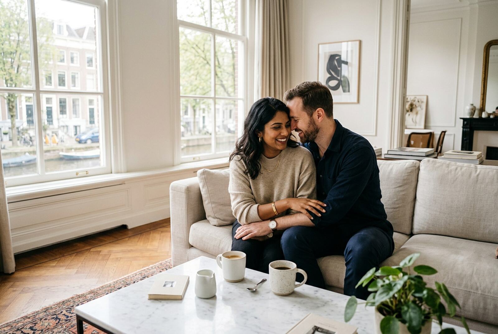 Couple at home in their Dutch apartment