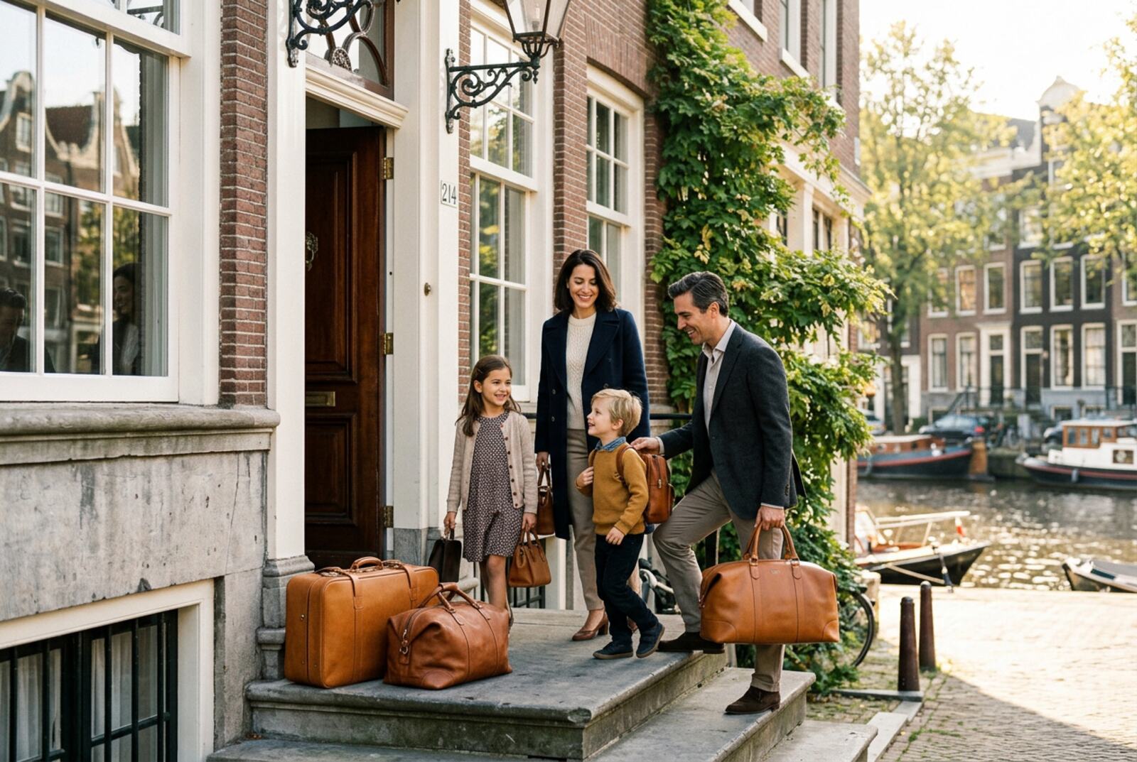 Family arriving at a Dutch canal-side home