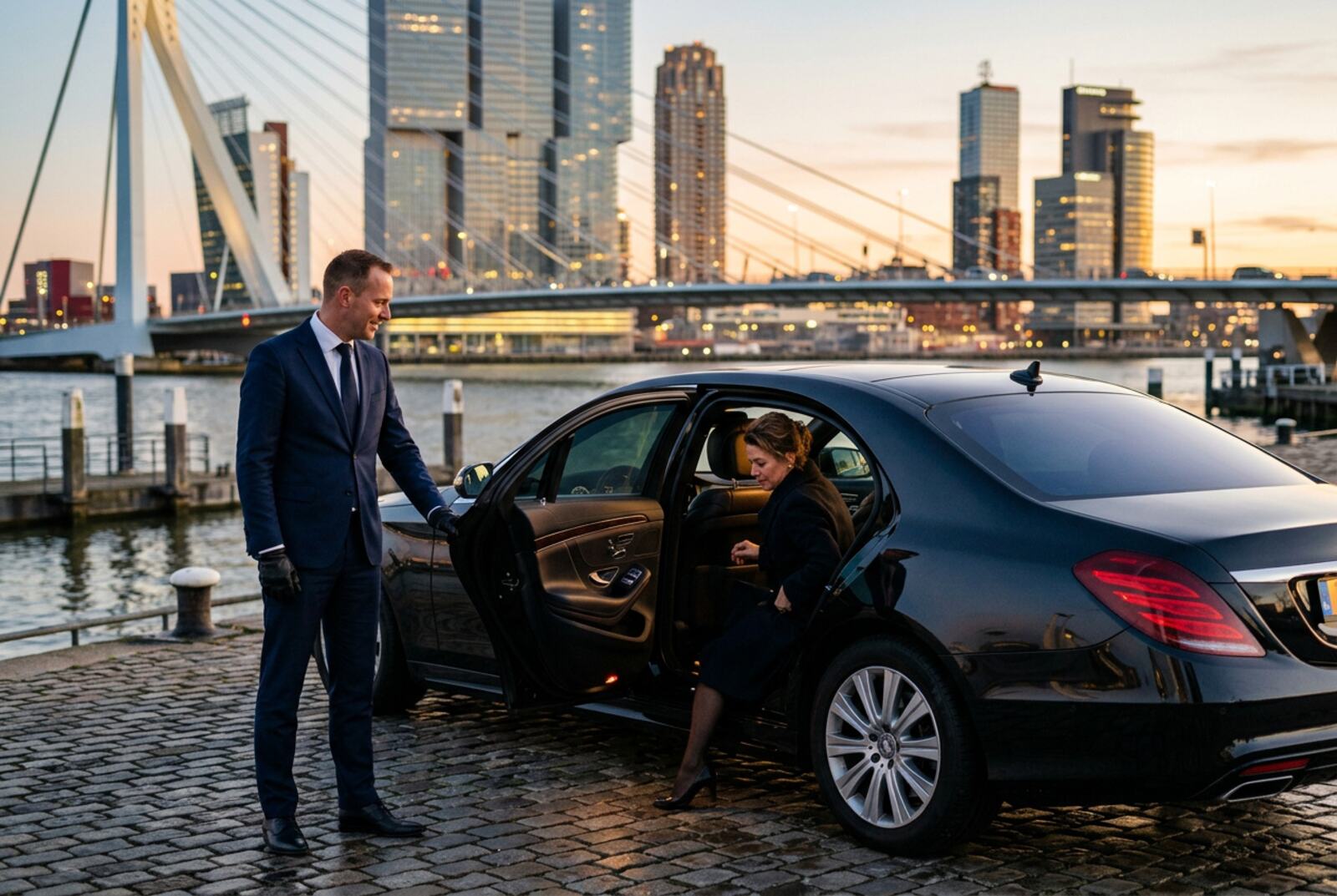 Chauffeur opening a car door against the Rotterdam skyline