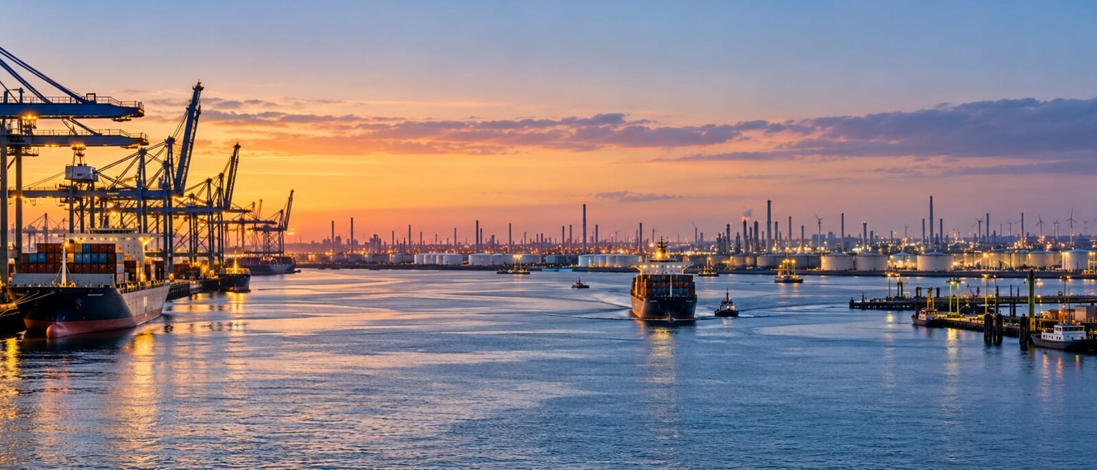 Container cranes, ships and the refineries of the Rotterdam port at sunset