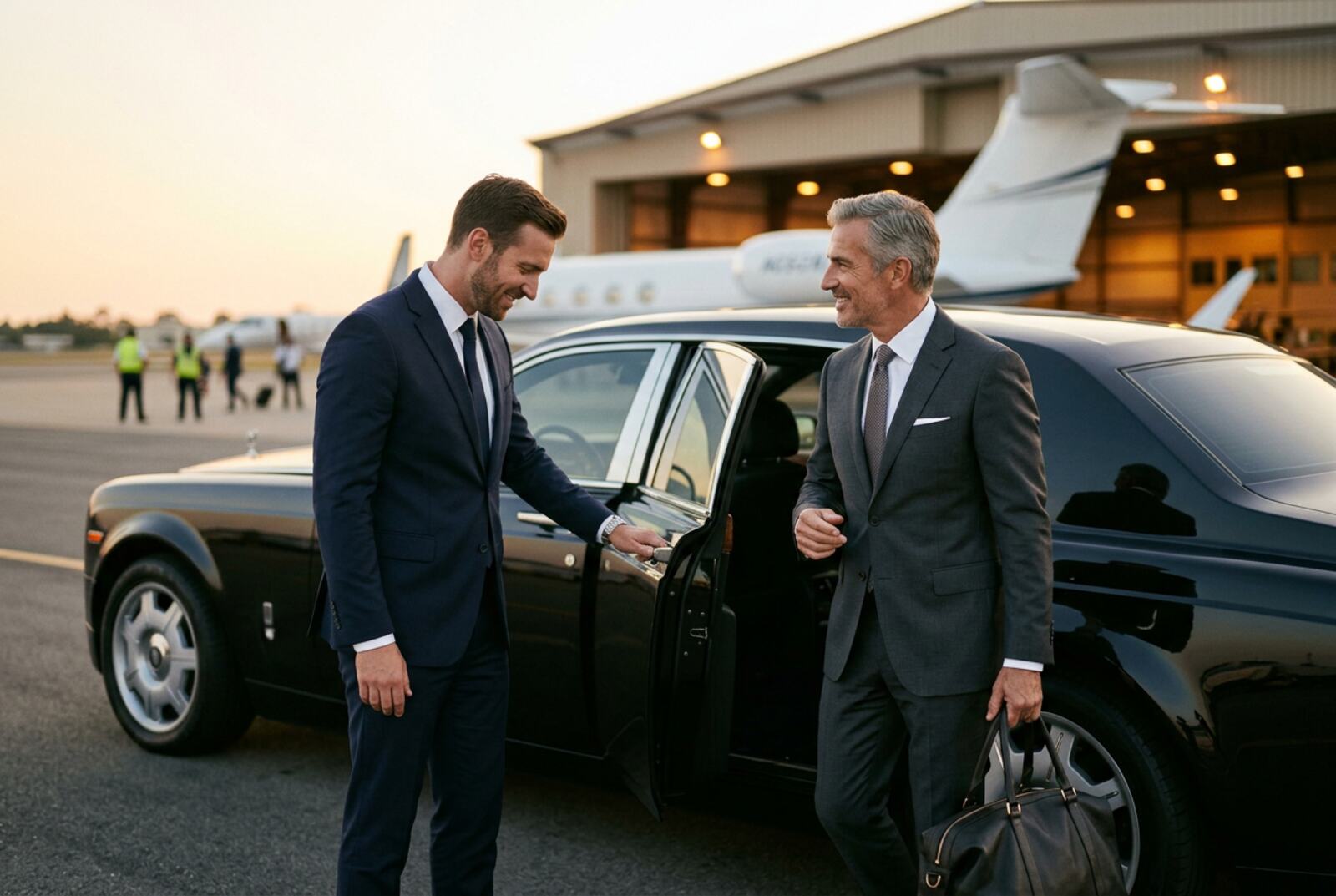 Driver welcoming a client at a private aviation terminal