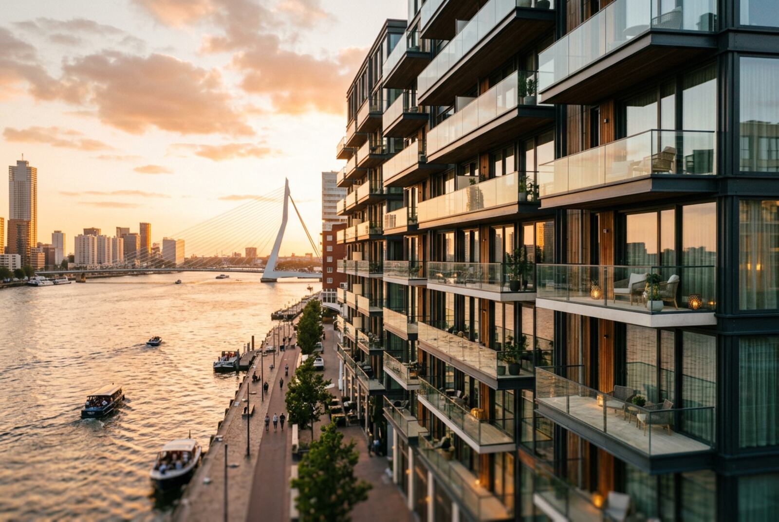 Waterfront apartment building in Rotterdam at sunset