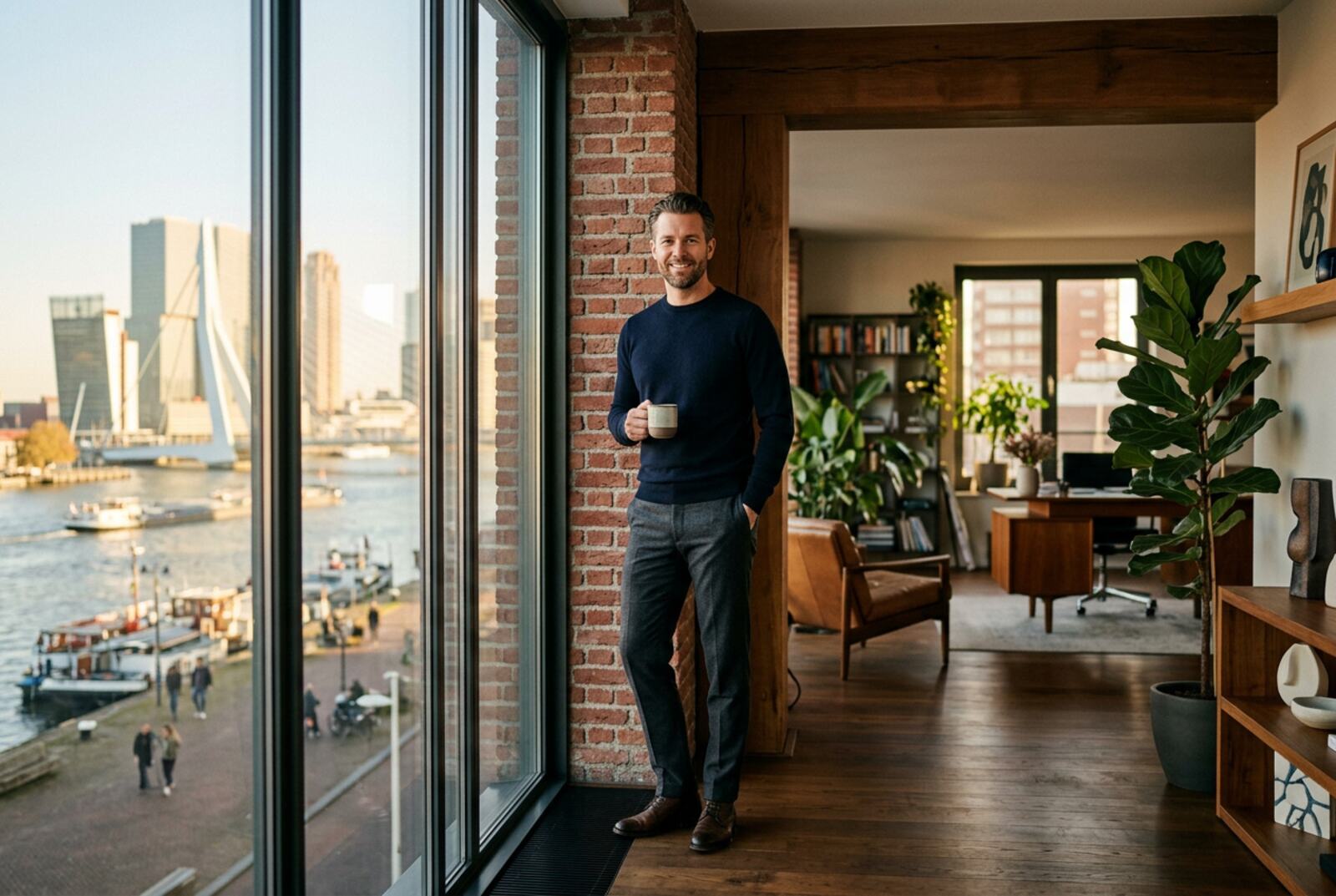 Founder in a loft office overlooking the Rotterdam waterfront