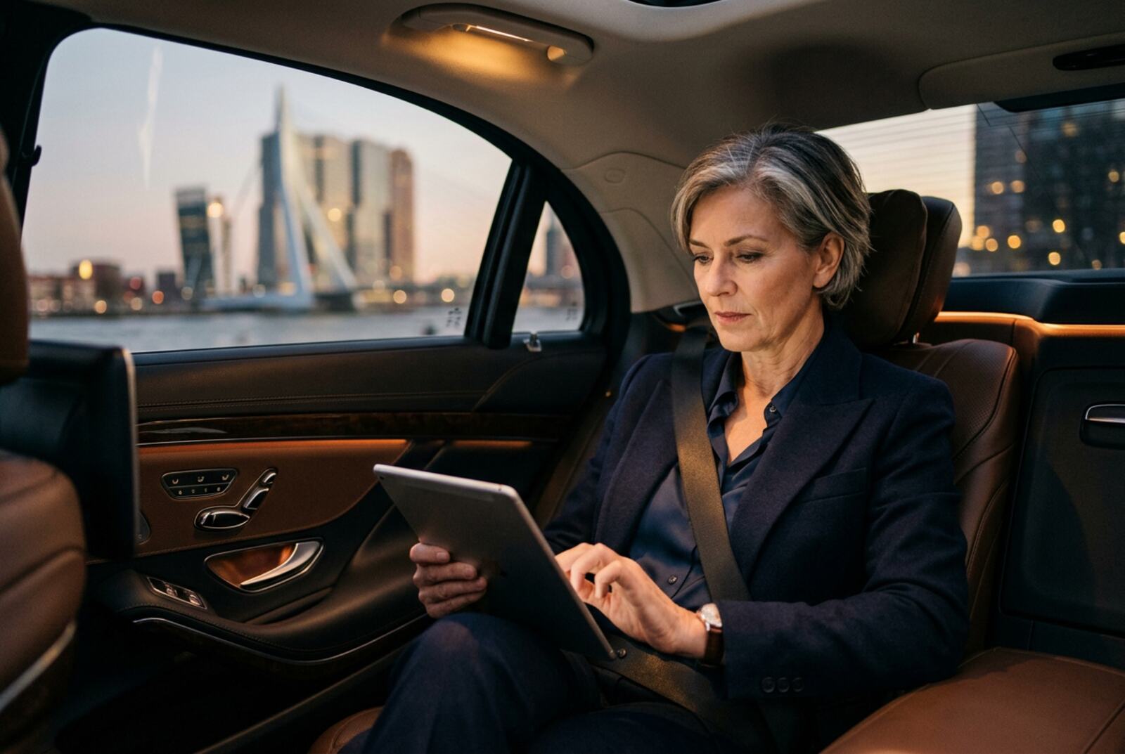 Executive working in the back of a chauffeured car